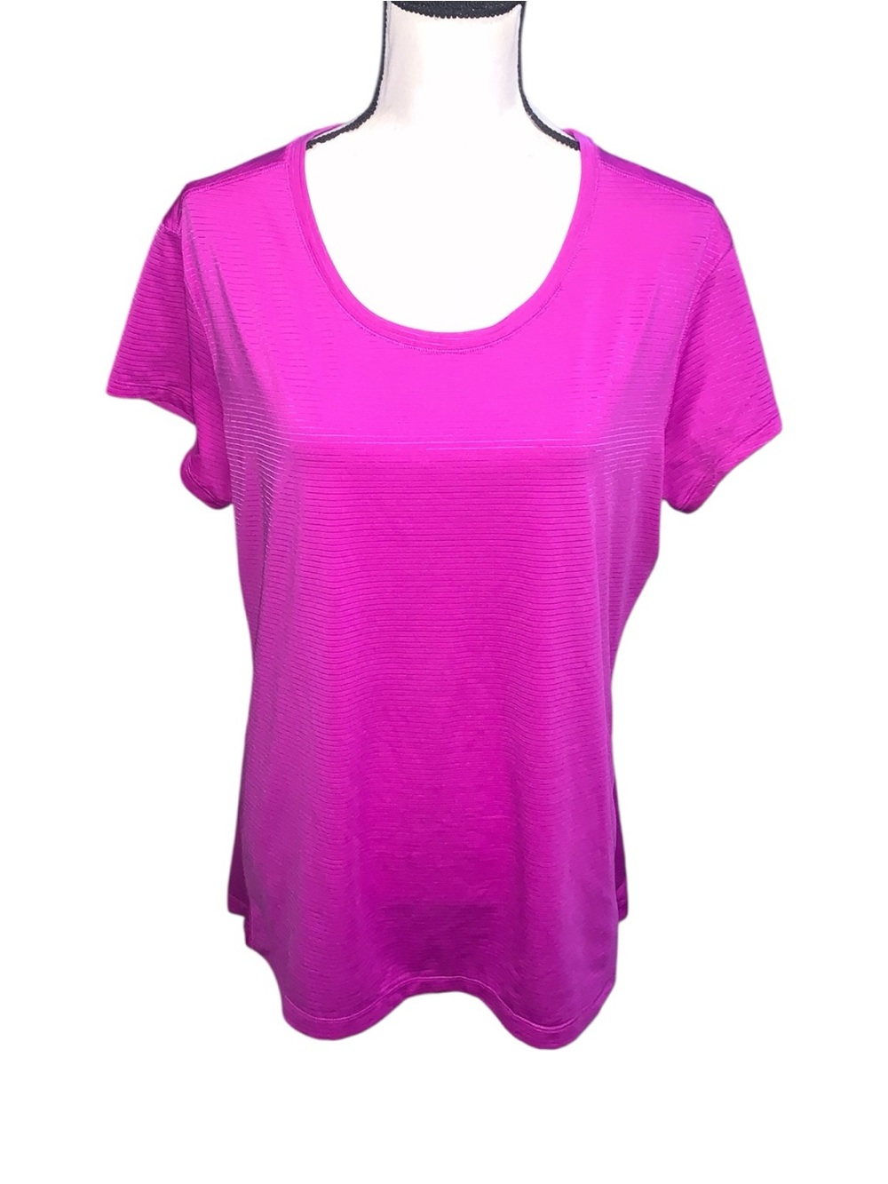Cascade Sport Performance Scoop Neck Short Sleeve Athletic Top Fuchsia Striped